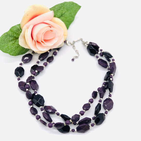 Triple Stranded Purple Beaded Sleek Necklace - Picture 8 of 8